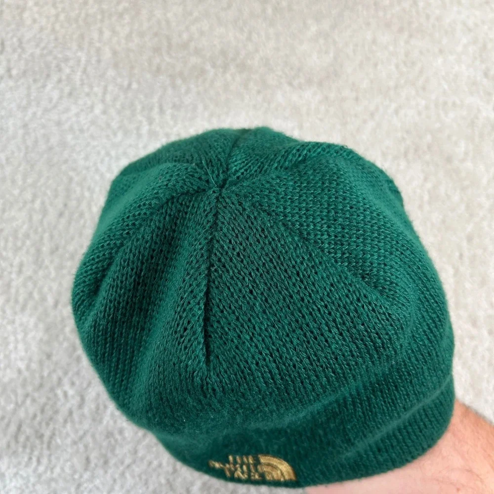 VTG The North Face Beanie Mens One Size Green Fleece Lined Knit Embroidered Logo